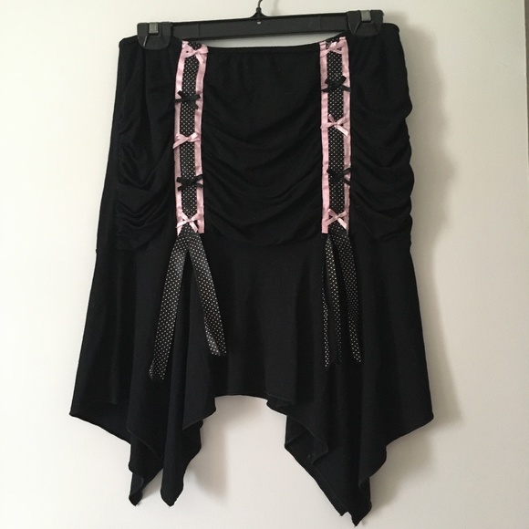 LM LULU Paris Black + Pink Stretch Viscose Dance Hal Corset Like Pull On Skirt M - Picture 1 of 4